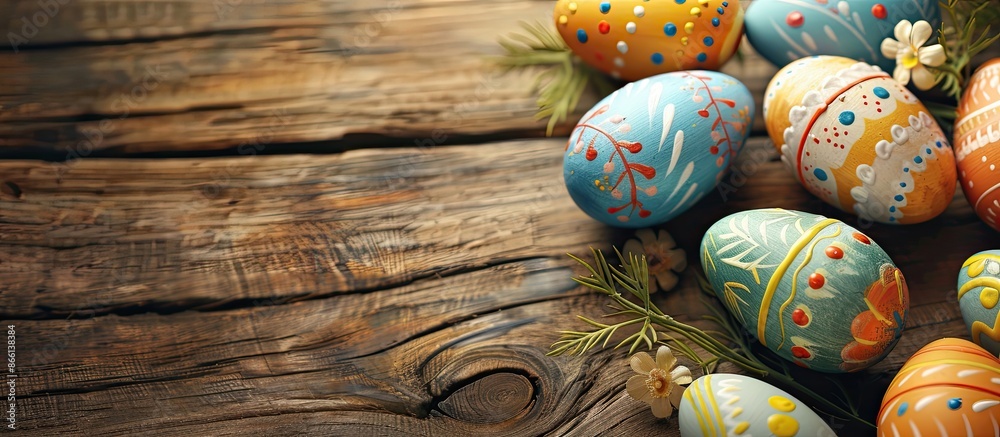 Aufkleber close-up view of easter decorations with painted eggs on a wooden table with copy space image.