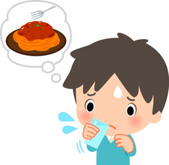 味が濃い料理を食べた後で喉が渇いている男性