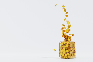 Gold coin falling in glass jar, until full, savings growth money concept, bank deposit, 3D rendering.