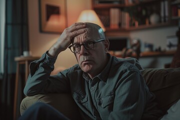 Fototapeta premium Thoughtful elderly man with glasses sitting on couch, hand on forehead. Warmly lit room, intimate atmosphere. Perfect for lifestyle, mental health, emotional concept. Generative AI
