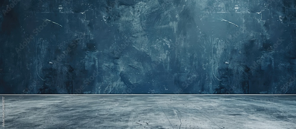 Fototapete studio with a dark blue wall as backdrop and cement floor designed for showcasing products and text 