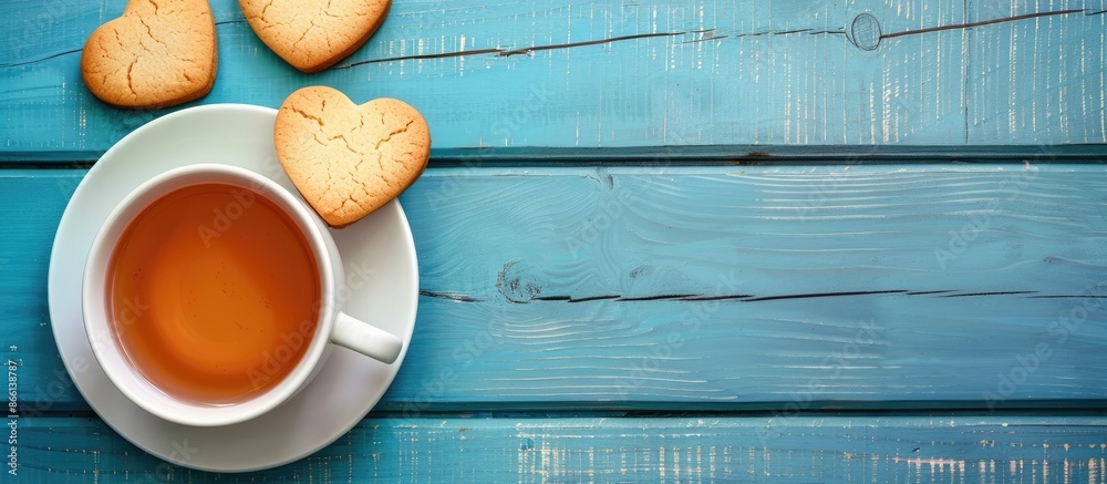 Poster top view of heart-shaped cookies with a white cup of tea on a blue wooden surface in a copy space im