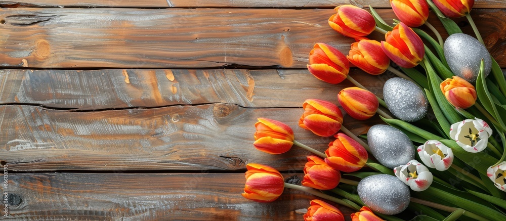 Poster Colorful silver Easter eggs and tulips set on a brown wooden backdrop in a top view composition with a copy space image, creating a cheerful Easter-themed background.