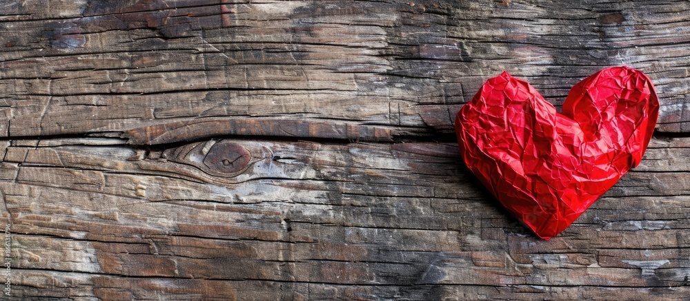 Poster valentine's day theme with a red heart paper on a wooden backdrop, perfect as a copy space image.