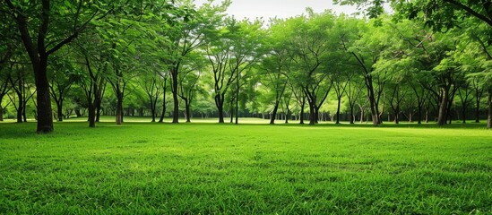 Fototapeta premium Empty template with a lush green park featuring trees, ideal for a copy space image; nature-themed wallpaper illustrating environmental awareness.