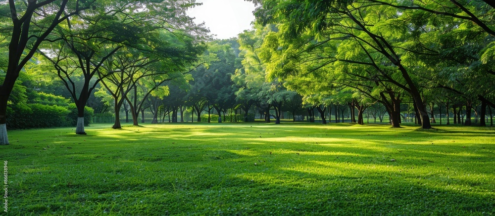 Poster during summer, a park is adorned with trees showcasing verdant leaves, providing a scenic backdrop. 