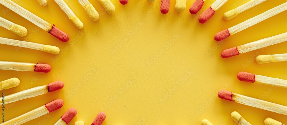 Poster New matchsticks arranged to form a frame on a yellow background, providing space for image insertion. copy space available