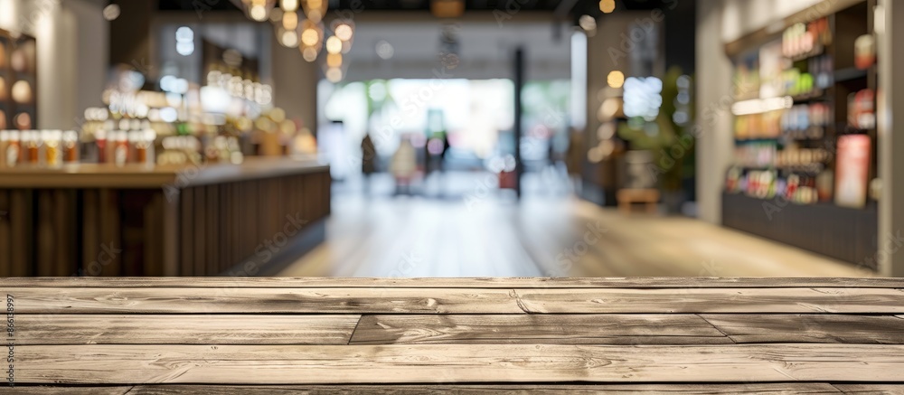 Poster blurred abstract department store background with wooden counter for display, design or promotion wi