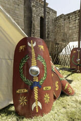 Roman Legionary Camp Display with Shields and Tent in Merida, Spain