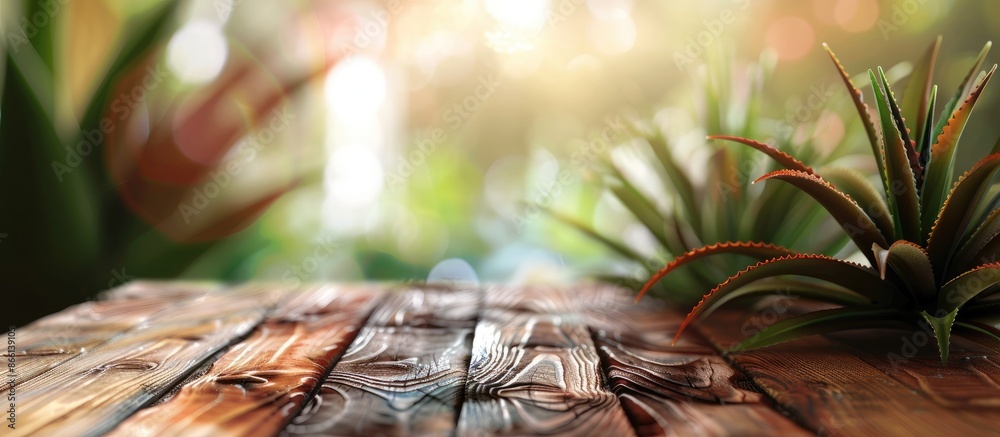 Fototapete a wooden table with redbird cactus leaves on top, creating a bokeh effect, ideal for product display