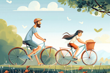 Fototapeta premium Father and daughter are riding bicycles on a sunny day, enjoying the fresh air and the beauty of the countryside