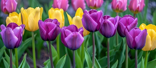 Obraz premium The stunning purple and yellow tulips would look lovely as a background in the flower bed, creating an ideal copy space image.
