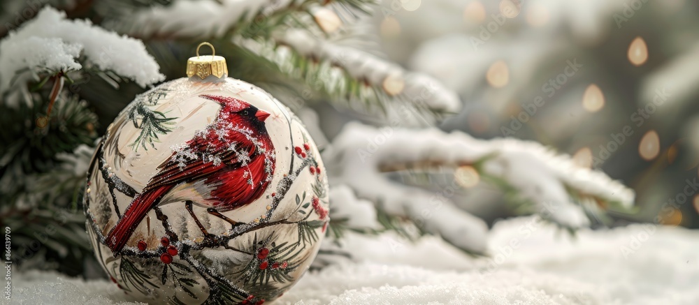 Poster christmas-themed decorative ball with a bird design, perfect for holiday displays. great for adding 