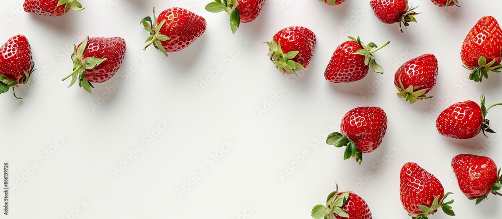 Poster Overhead shot of strawberries on a white background with empty copy space image.