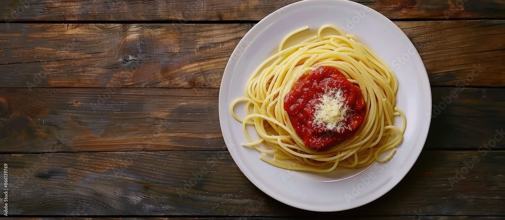 Poster italian spaghetti topped with rustic tomato pasta sauce, perfect for a meal. a top view showing the 