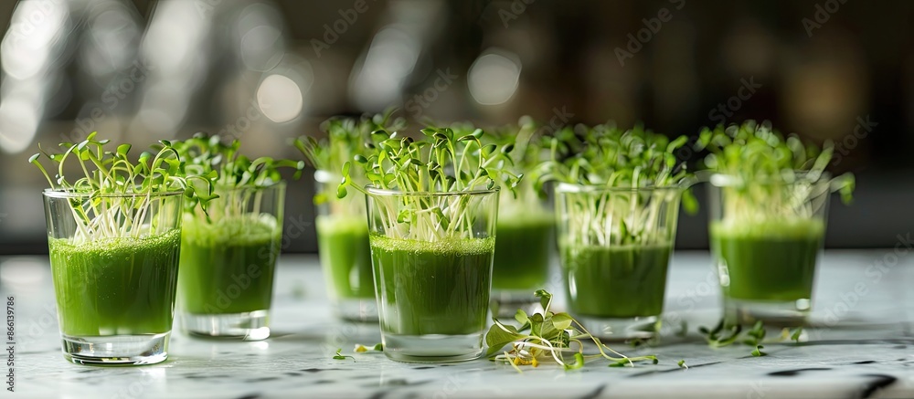 Poster a marble table showcasing glasses of wheatgrass juice with green sprouts, offering ample room for te