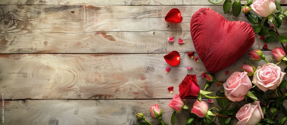 Poster valentine's day background with a red heart pillow and pink roses on a textured wooden surface, idea