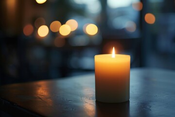 A single candle burning on a table, with a softly blurred background of a dimly lit outdoor setting. 
