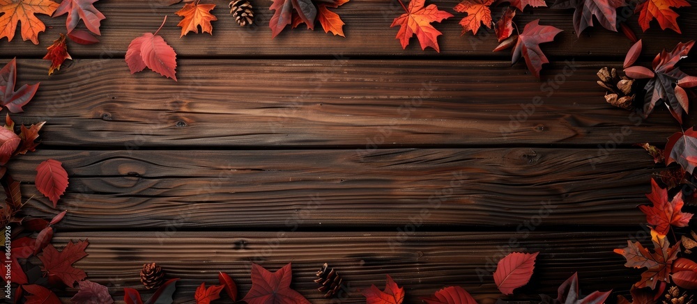 Poster Wooden background with autumn leaves creating a cozy setting for a copy space image