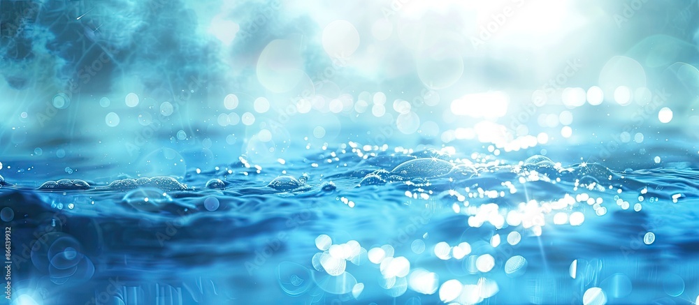 Aufkleber Blurry blue water with reflections and bubbles creating a modern nature backdrop under sunlight; featuring a vacant area for text or visuals. copy space available