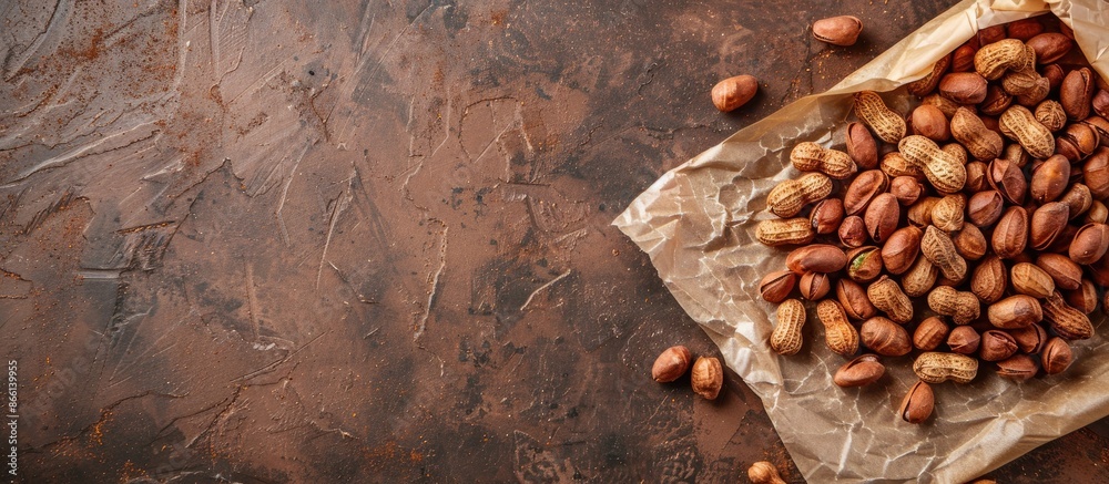 Poster Image with spiced peanuts for roasting on baking paper with copy space image.