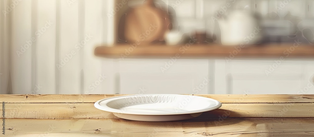 Poster wooden kitchen table displaying an empty white plate with copy space image.