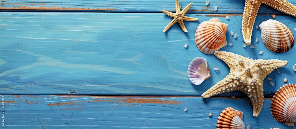 Poster a flat lay image with seashells and a starfish on a blue wooden surface, providing a top view and sp