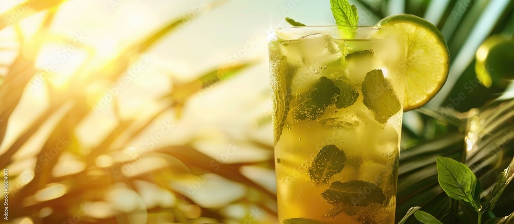 Poster invigorating mojito cocktail with a scenic copy space image.
