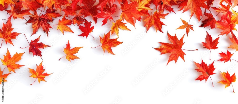Poster Top-down view of vibrant autumn maple leaves scattered on a blank white backdrop, creating a border design with a designated copy space image.