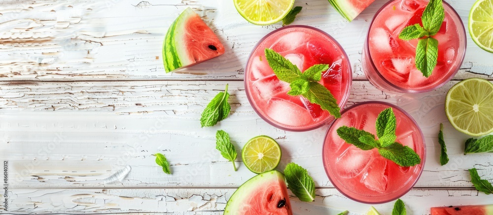 Poster refreshing summer beverage made with watermelon, mint, and lime on a rustic white wood surface, offe