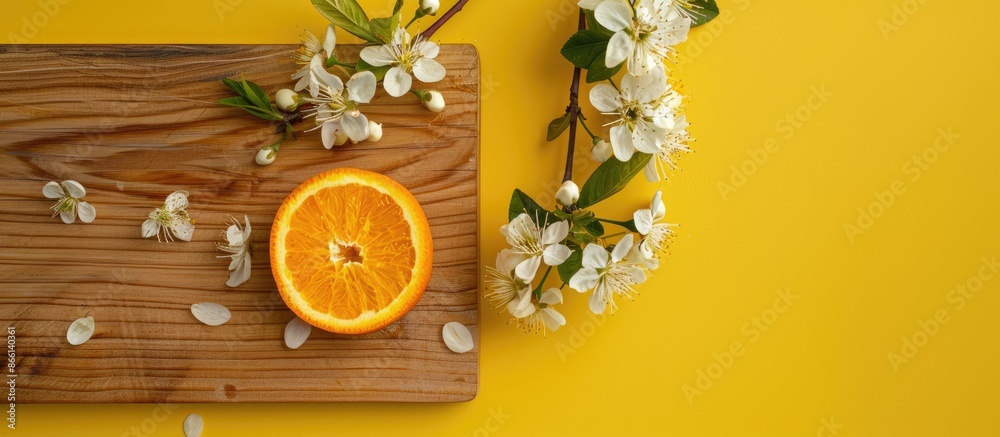 Poster Top view of a wooden board with a sliced orange and a blossoming branch placed on a yellow backdrop, creating a perfect copy space image.