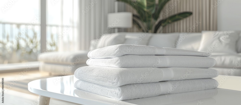 Aufkleber white towels neatly displayed on a white table with a blurred living room background, ideal for show