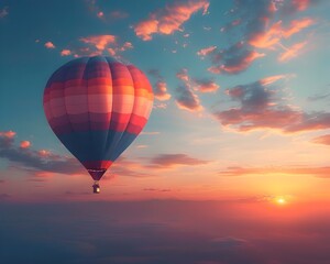 Fototapeta premium Colorful Hot Air Balloon Soaring in Enchanting Sunrise Sky with Dramatic Clouds and Serene Landscape
