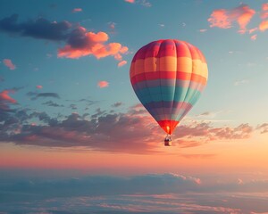 Fototapeta premium Colorful Hot Air Balloon Soaring into the Vibrant Sky at Dawn Symbolizing Thrill of New Experiences