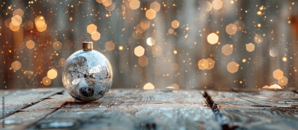 Poster A shiny glass Christmas bauble placed on an aged wooden table with a sparkling background, featuring copy space image.