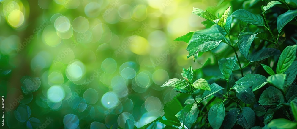 Poster a serene garden scene with lush green leaves against a blurred backdrop, ideal for a copy space imag