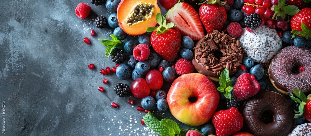 Poster Display of colorful fruit and decadent chocolate donuts with copy space image.