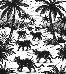 A group of black cats walking through a jungle. The cats are walking in a line, and there are several of them. The image has a moody and mysterious feel to it