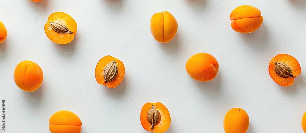 Poster Top view of apricot fruits on white backdrop with available copy space image for text, arranged in a flat lay pattern.