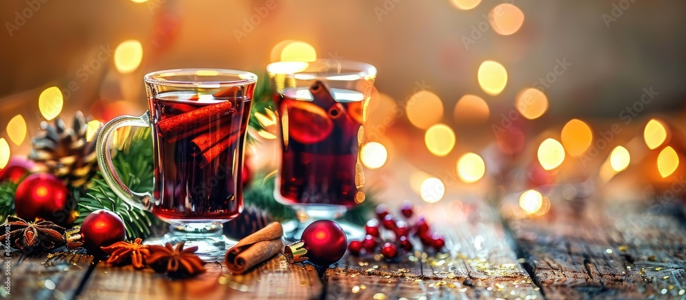 Poster festive ambiance with two glasses of mulled wine in a christmas setting. room for text in the image.