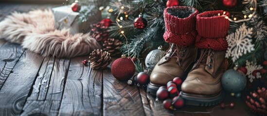 Elegant winter attire and festive Christmas ornaments arranged on a wooden floor, creating a cozy atmosphere. copy space available