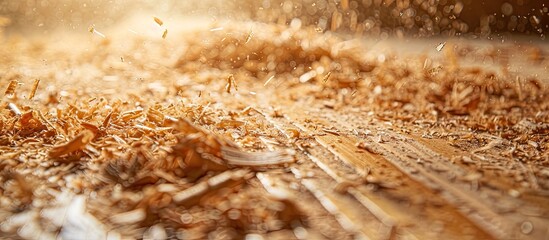 Wood sawdust on wooden background provides copy space image for text, giving a close-up view of a carpenter's work area, ideal as an abstract texture for designers.