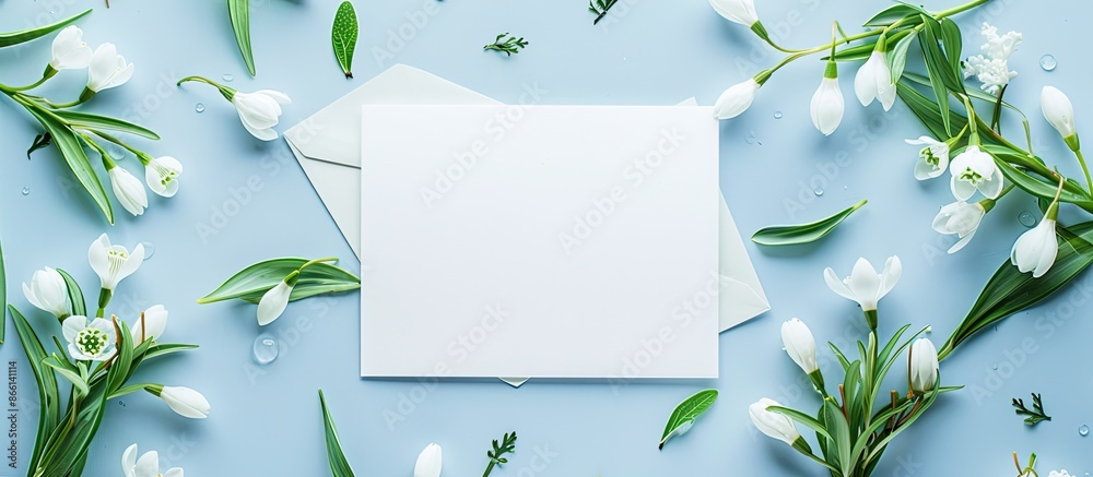 Poster Flat lay with a paper card and snowdrops on a light blue backdrop, providing room for text with a copy space image.