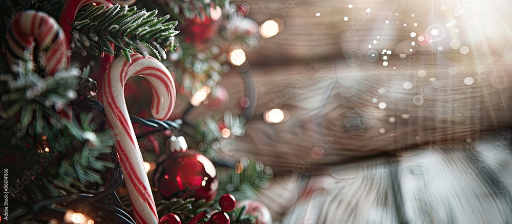 Poster closeup view of a christmas tree ornament surrounded by garland and candy cane, set against a wooden