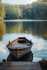 Obraz premium A small boat docked at a wooden pier, with a softly blurred background of a calm lake and surrounding trees. 