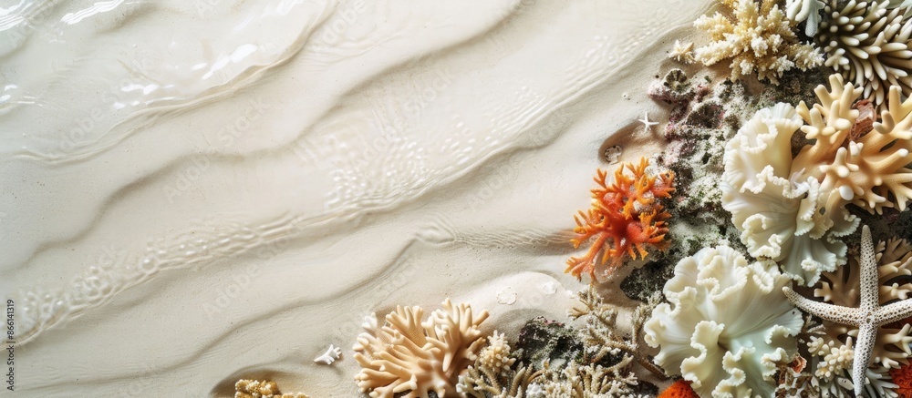 Wall mural Copy space image with coral reef pieces set against a sandy beach backdrop. - Wall murals