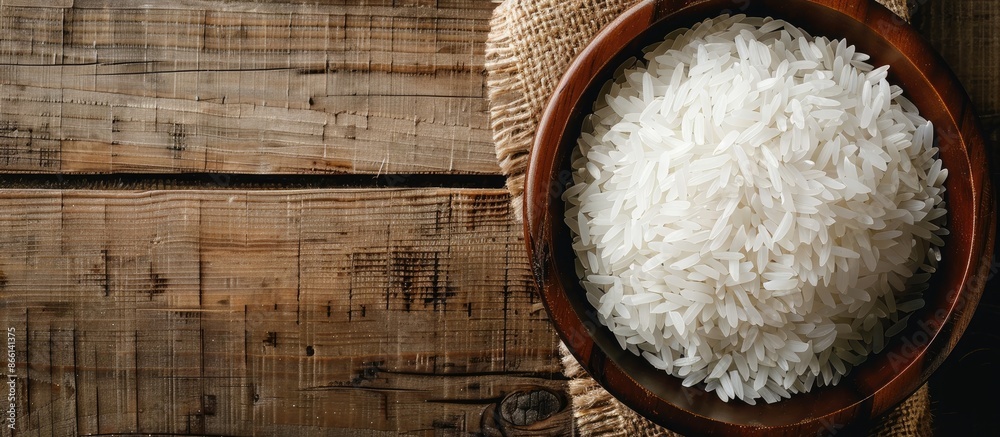 Poster high-resolution top-view close-up of white rice in a wooden bowl with abundant copy space image.