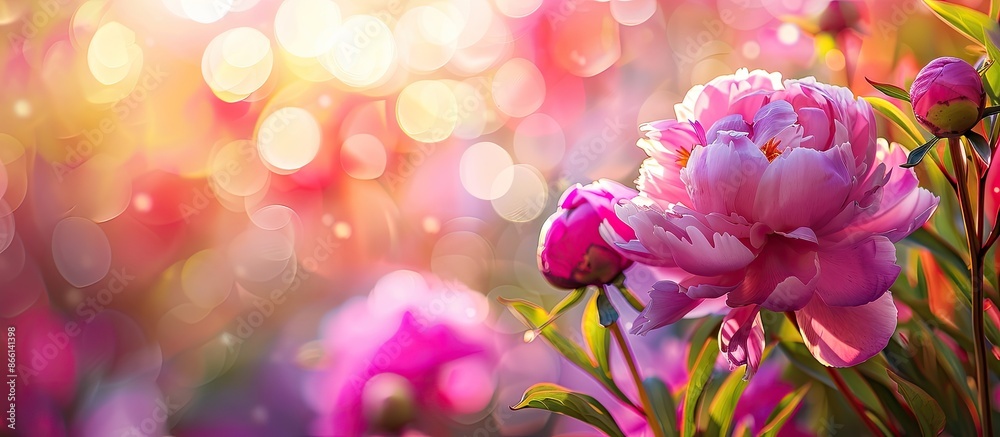 Poster peony flower against colorful backdrop with copy space image.