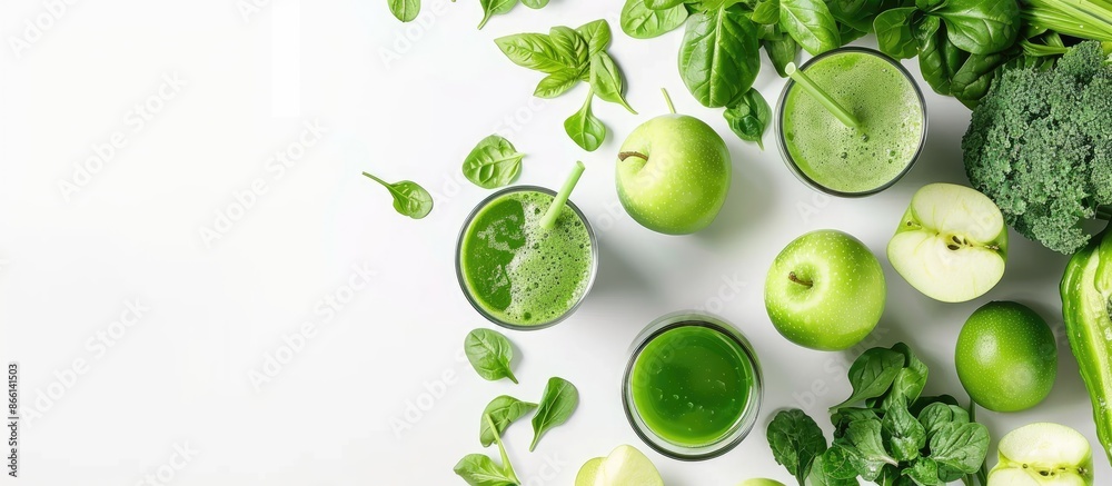 Poster Fresh green juice and apples with copy space image on a white backdrop