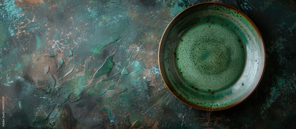 Poster Top view of an antique green plate on a dark, textured table with copy space image. Ideal for menus or food flat lay backgrounds.